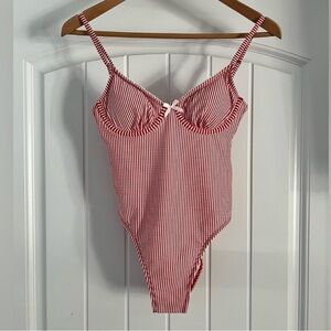 NWT No Boundaries Red and White Striped Seersucker One Piece Swimsuit